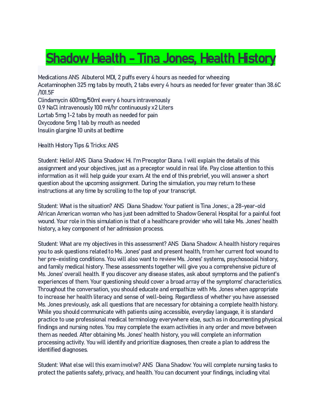 Preview image for Shadow Health - Tina Jones, Health History